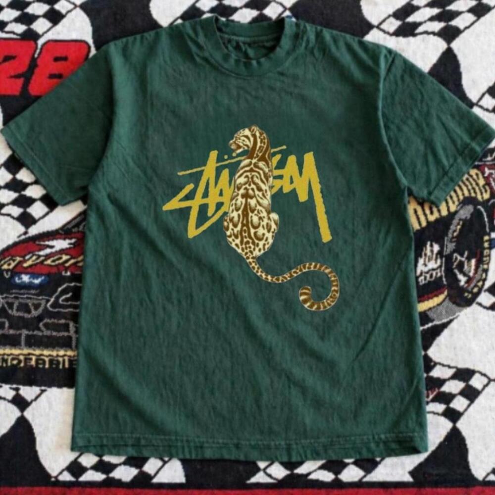 Gildan Men Green T-Shirt, Stussy Green Leopard Tee